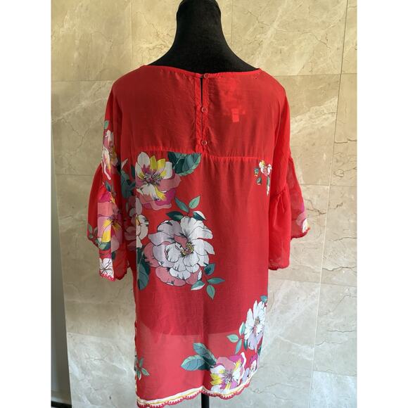Johnny Was Passion Flower Eloise Top Small Red Embroidered Sheer Oversized Boho - Picture 5 of 15